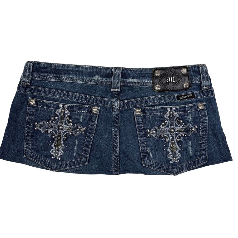Miss Me Y2K Denim Mini Skirt Size 32 Embellished Rhinestone Cross Pockets